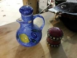 Hand painted lidded jug with a trinket box with white metal decorations