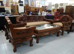 Wooden carved table coffee with 2 chairs and 1 long chair 2 small table set