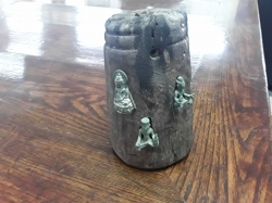 Late 19th century wooden bell with 3 minuature Khmer bronze statues