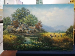 Thai village screen oil painting on canvas