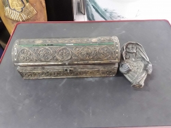 Nice antique handmade wooden box and signed Jesus bronze statue