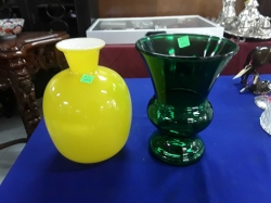 2 very nice green and yellow art glass vases