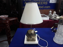 A very nice bronze Pharaoh table lamp on a wood base and new shade