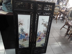 A pair of Chinese pol chrome porcelain tiles in a rosewood frame