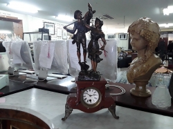 Beautiful antique french handmade enamel figure spelter clock with key