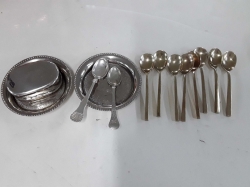 Selection of 2x small silver plated trays and small box with 2x spoons and 8x gold plated spoons
