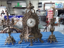 Begium bronze clock and 2x bronze candle sticks