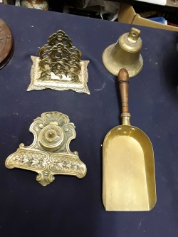 Brass ink well, leather rack,Brass Bell and brass shovel