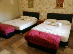 Set bedroom Domus of 2x queen size beds with mattress and 1x bedside table with table lamp and tv cabinet with Samsung tv with remote and small refrigerator and flower pot shelf and wooden wardrobe and ceiling light and 2x stools*Domus 3