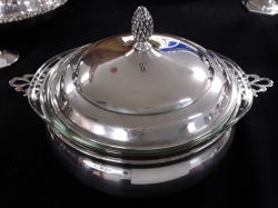 Silver plated Covered Serving Bowl With Lid And Removable Glass Insert