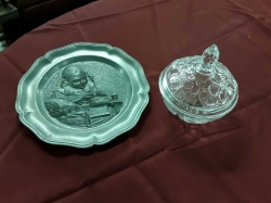 Pewter plate and glass dish