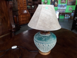 A green pottery table lamp & shade