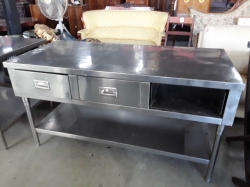 Stainless steel table with 3 drawers one door missing 70x150x80cm