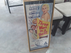 Vintage 'Three Men in a Boat' (1956) Film Framed Stone LITHO Australian DayBill poster 13x30