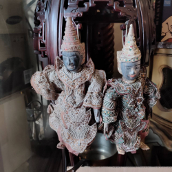 A pair of Antique Burmese Marionette Puppet Theatre Vintage Wooden Doll Handmade Hand Carved Wood Gold Sequin Red Glass Bead Asian Thai Costume Diety