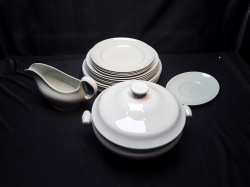14 new pale green plates & A matching tureen & gravy bowl