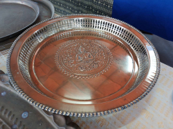 Hand made brass Thai gallery tray with feet and piece edge rim embossed Thapanom 16