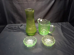 Green glass vase and jar with 2 cups