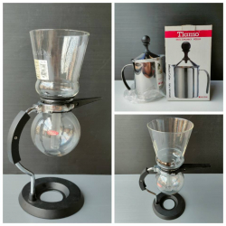 A Siphon Coffee Brewer and Boxed Tiamo milk creamer