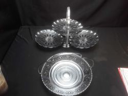 A lovely silver plated dish with swing handle & a 3 plate folding cake stands