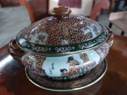 A Lovely old Chinese Embossed Satsuma Lidded Jar & Stand Stamped to base