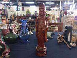 Wooden carved Guan Yin figure. 45 cm H, 10 cm base
