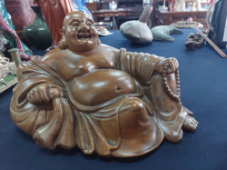 Wooden carved Happy Buddha. 30 cm L, 28cm W