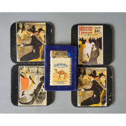 A rare flat Camel filter cigarette lighter in original case and 4xMoulin Rouge coasters