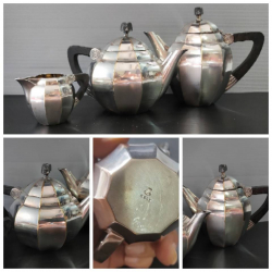 French Art Deco silver plated tea set with ebony handles, created in circa 1925 by French Decorative Designer Maurice DufrĂȘne (1876-1955) for Orfevrerie Gallia / Christofle.