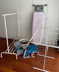Laundry job lot; Rail
Iron & Ironing board, Washing basket , hangers , pegs , airer