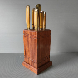 8 pcs. Knife set from Aranyik (Ayuthaya) Thailand famous blacksmith , stainless steel blade , white buffalo horn handle with brass fitting in a wooden holder