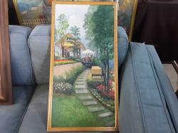 Framed oil painting on canvas cottage and floral.39x75 cm