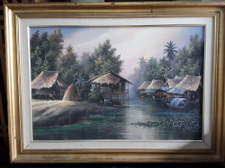 Framed oil painting. the village by the river