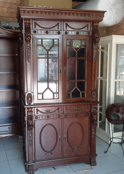 Mahogany Lion Carved Two Door Glass Bookcase to Solid Wood Doors at The Bottom
W.98 H.210 D.64