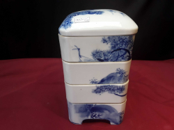4 tired Japanese blue and white porcelain Jubako bento stacking lunch box
