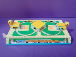 A Vintage Old Russian Cccp Tin Toy Train Station Mechanical Wind-Up Works 1950's