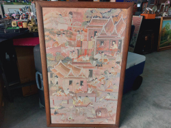The scenes of Thai ancient art. Painting wooden frame. Approx.60x96 cm 