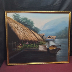 Painting Oil Canvas Board Backing Gilt Frames. 
W.74 H.61 Cm.