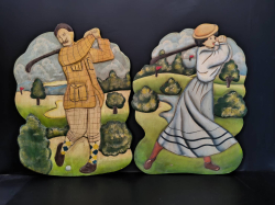 2x Lovely vintage painted man and woman golfer plaques.