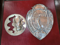 2x siler plated on copper,plaques : a tennis club shield Alfred  erbert club and a stag beetle wall plaques. 