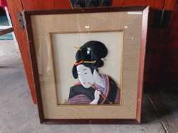 Vintage Framed Asian Art Japanese Quilted Geisha 3D Shadowbox Decor Wall Hanging H.41 L.39