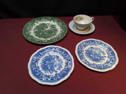 Tea Cup & Plate And Green Dish, 2x Blue & White Dishes with Stamped.