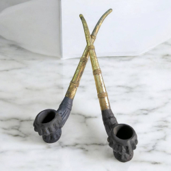A pair of silver plated handle with clay pot opium pipes.L.26 Cm.