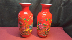 Beautiful Pair of 36 Cm. High Traditional Red Porcelain Hand Painted Vases Depicting Birds Stamped to Base.