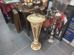 A Decorative French Pedestal Stand with A Brass Set of Candle Sticks 7 Piece with Semi Precious Stones. L.64 Cm. H.100 Cm.