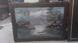 A Lovly Oil On Board of A Thai Village in A Solid
Teak Framed with Signed. W.115 H.88 Cm.