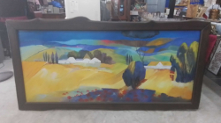 A Large Heavy Teak Framed Oil Painting of Village on Hill.W.177 H.87 Cm.