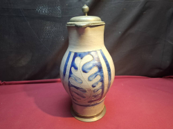 An old Blue and Grey German Beer jug with pewter fittings