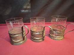 A Silver set of 3 glass, holders with embossed glass Stering Russian 220 grams