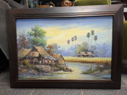 A Royal Thai art oil on canvas painting beautiful piece lifelike picture in a lovely wood frame signed. 93x68 cm